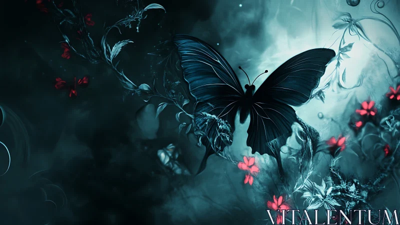 Nocturnal cyan butterfly contrasts with luminous scarlet blooms