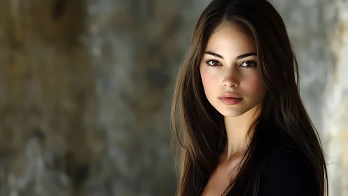 Calm brunette woman gazes softly into light with quiet strength