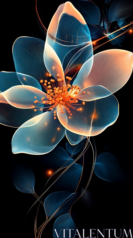 Luminous glass flower with glowing filaments on black field.