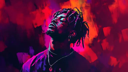 Neon-lit portrait of contemplative man in high-saturation digital brushwork