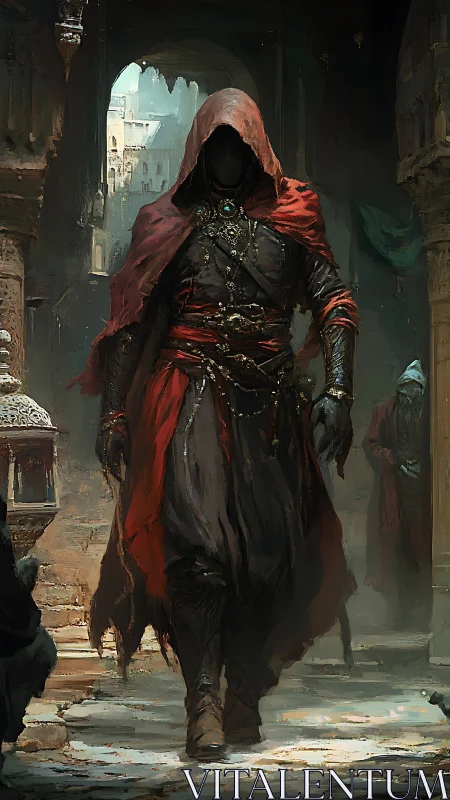 Mysterious hooded wanderer strolling an ancient sunlit street.