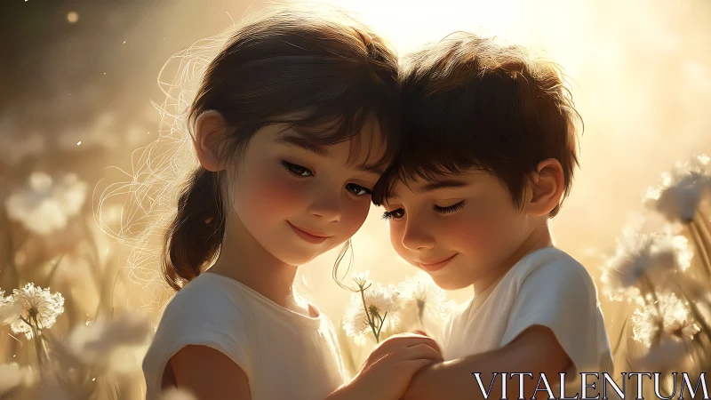 Two children with closed eyes among backlit dandelions in golden hour rendering.