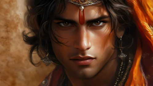 Warm-eyed prince in glowing orange and gold elegance.