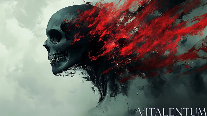 Skull dissolves into crimson smoke in a haunting digital storm