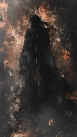 Shadowed wanderer peels from the fire-scorched void