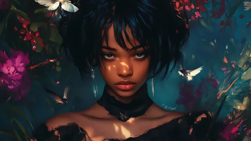 Digital portrait of a woman amid florals in cinematic light