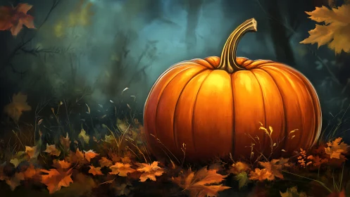 Autumn forest pumpkin rendered with high-contrast rim lighting and depth