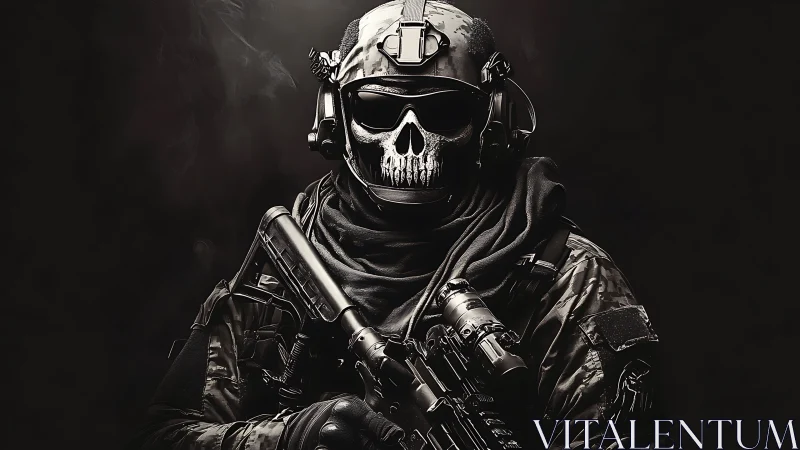 Tactical skull soldier with rifle in dark combat gear.