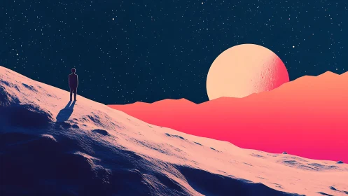 Lone observer on chromatic exoplanet ridge under binary moon.