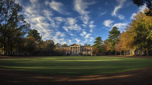 Neoclassical campus hall framed by autumn trees and sky.