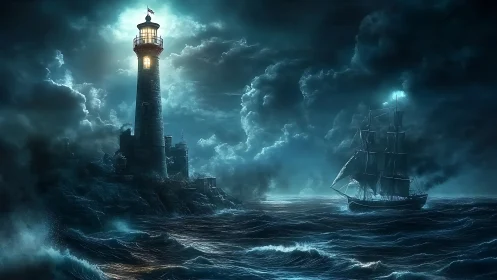 Stormy night lighthouse guiding tall ship through rough sea.