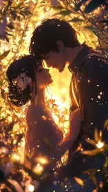 Silhouetted couple in backlit foliage at warm sunset glow.