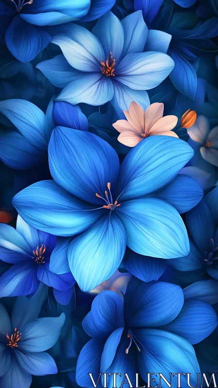 Blue Flowers with Orange Stamens: Dense Botanical Arrangement