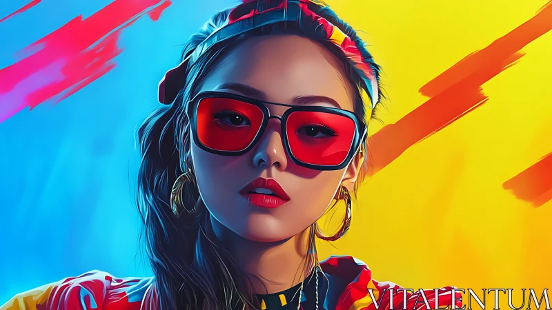Digital portrait depicts woman with red glasses and split colors