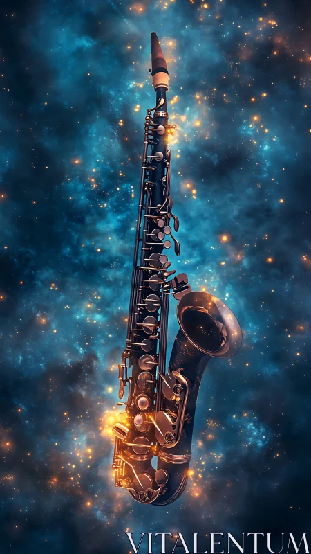 Celestial saxophone suspended amid glowing starfield.