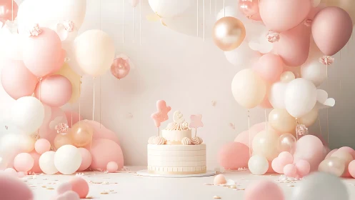 Elegant Pink and White Cake with Balloon Celebration Setup