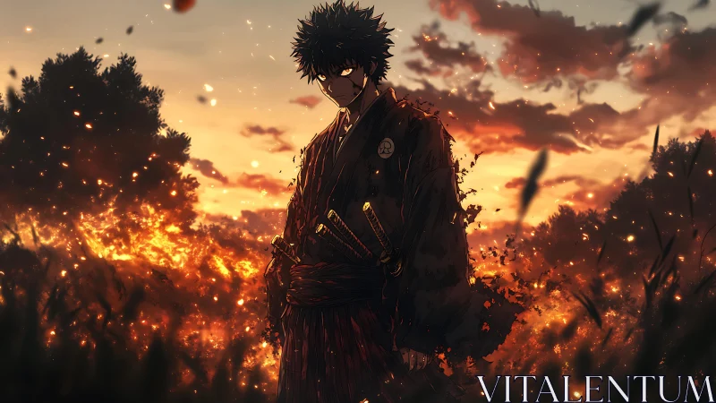 Lone dusk samurai strides through embers and dying fire.