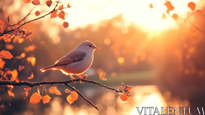 Small bird perched on autumn branch in diffused golden light.