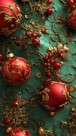 Glistening red ornaments and gold vines on teal holiday backdrop.