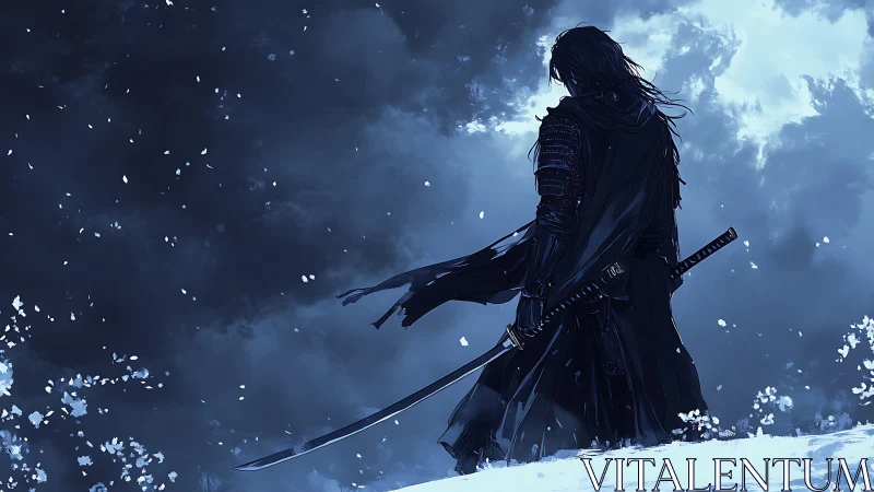 Solitary armored swordsman surveys snowstorm under desaturated sky