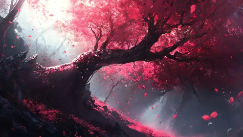 Ancient crimson tree glows softly in a misty enchanted ravine