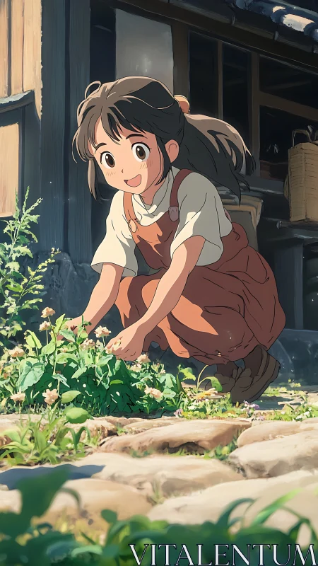 Sunlit anime girl kneels in garden, soft directional lighting study