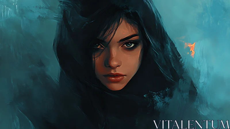 Storm-eyed sorceress wrapped in midnight smoke and embers.