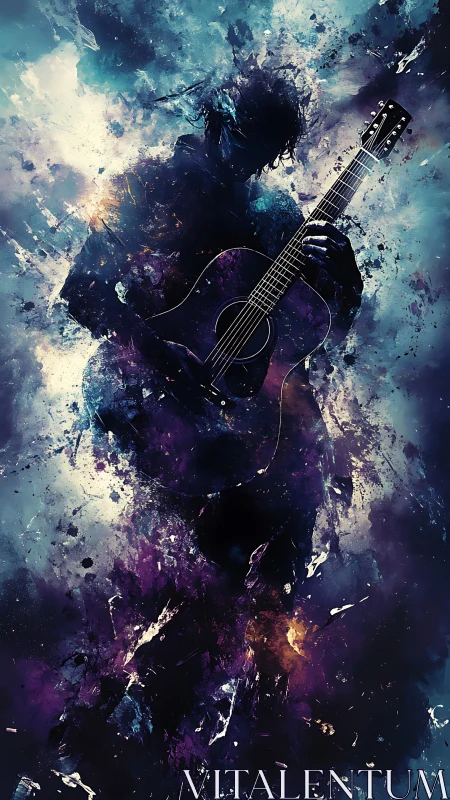 Silhouetted guitarist dissolves into swirling cosmic colors