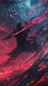 Sword-wielding warrior in red energy storm scene.