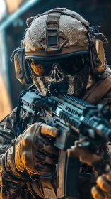 Tactical operator in skull mask aiming rifle in golden light.