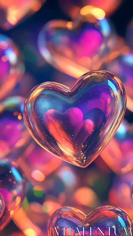 Translucent Glass Hearts with Iridescent Bokeh Backdrop