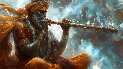 Digital painting of mystic flutist in swirling ethereal energies.
