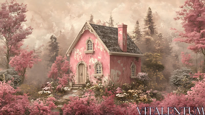 Whimsical pink cottage glows softly in a dreamy spring forest