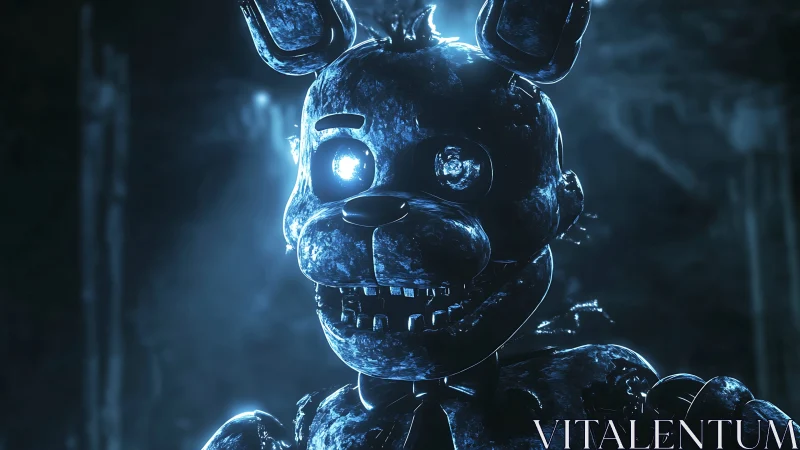 Glowing mechanical rabbit figure rendered in dim blue lighting