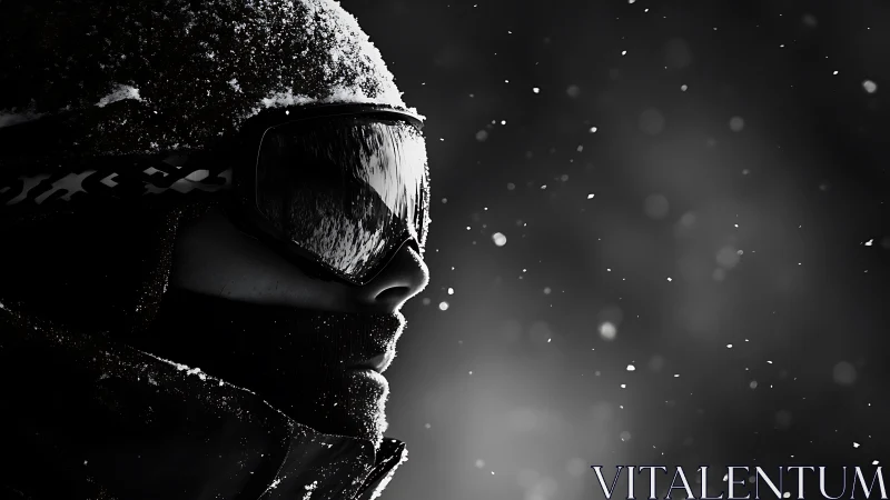 Snow-veiled rider staring into a blizzard of silver hush.