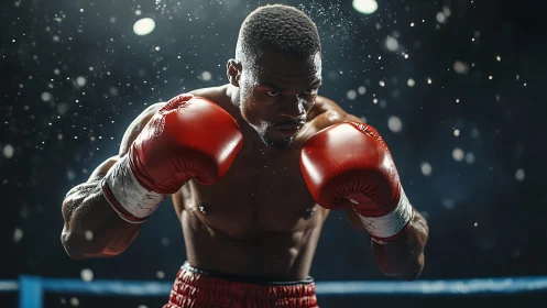 Professional boxer in red gloves executing defensive stance during match