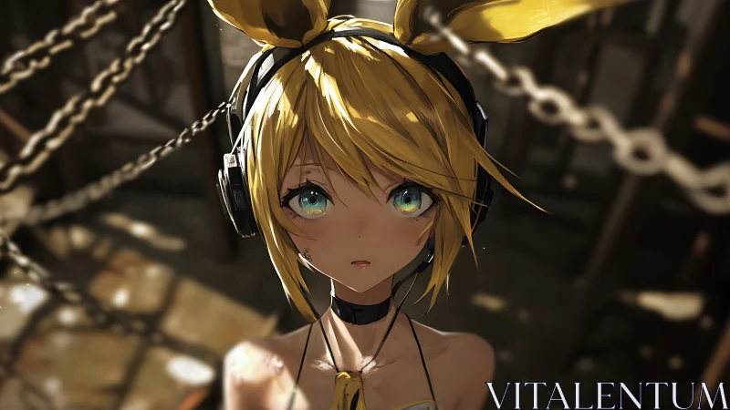 Headphoned blonde anime character with chains in background.