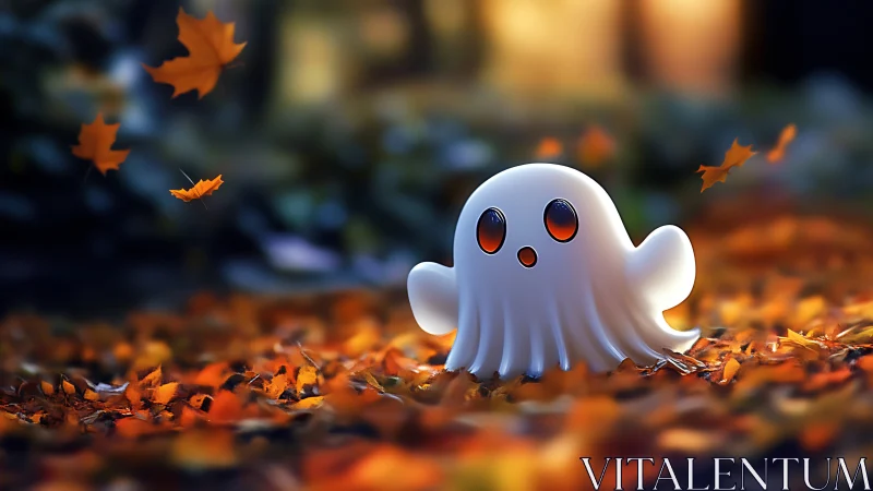 Gentle autumn ghost glowing softly in swirling leaves.