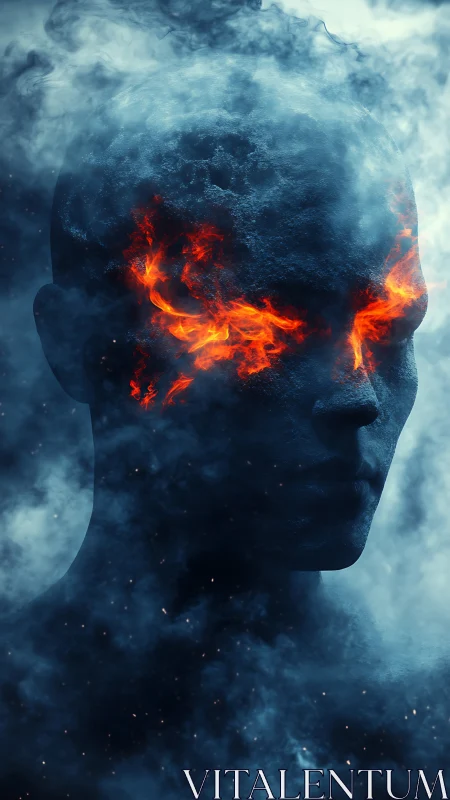 Burning-eyed stone figure emerges through swirling smoke.