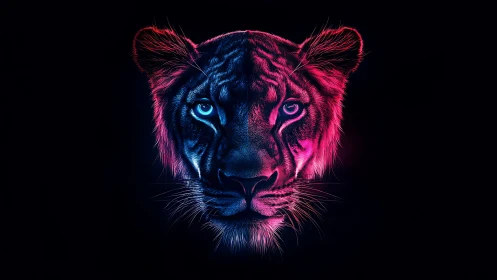 Neon-lit tiger portrait uses dual-color rim lighting on black