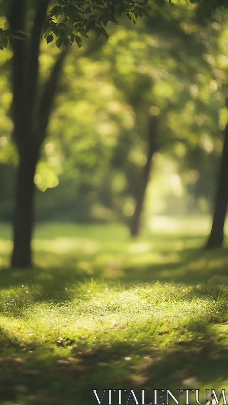Sun-dappled forest pathway with selective focus on verdant ground layer.
