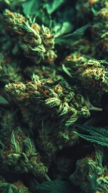 Cannabis flower buds in dense close-up botanical view.