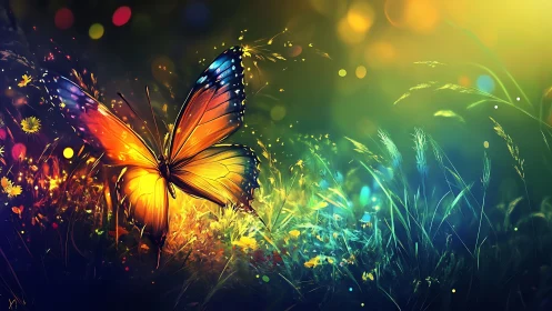 Glowing butterfly illuminates vivid meadow at twilight