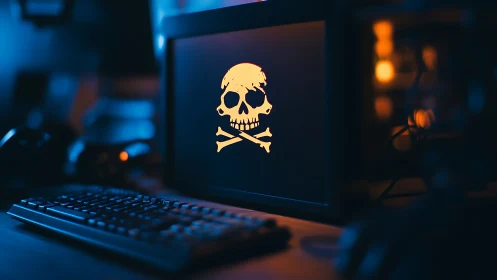 Computer monitor displays skull icon in dim workspace