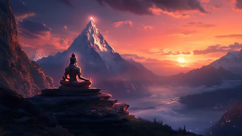 Meditating figure overlooking glowing alpine peak at sunset