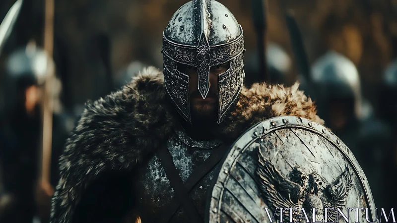 Armored medieval warrior advances with engraved shield.