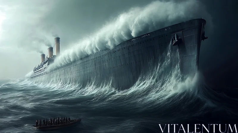 Doomed ocean liner towers over lifeboat amid violent storm