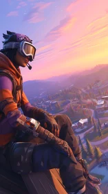 Goggles-wearing character overlooks stylized sunset townscape