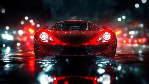 Sleek red supercar glows through neon reflections on wet streets