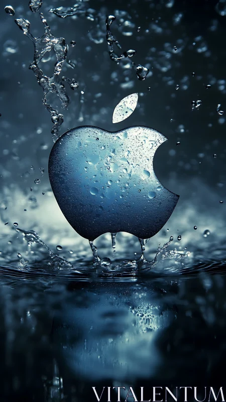 Metallic apple emblem plunges into dark rippling water.
